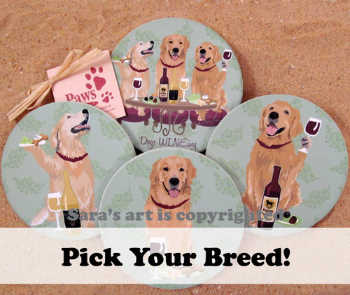 Dog Wine Coasters available in a variety of breeds. Golden Retrievers shown here!