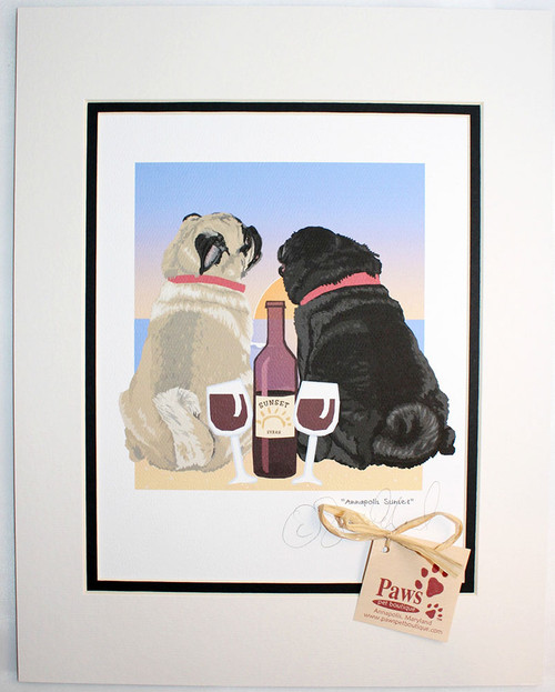 Pug Art - Sunset, Dogs and Wine