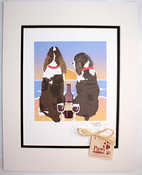 Liver and White Springer Spaniel Art - Sunset/Dogs and Wine
