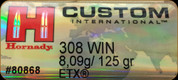 Hornady - 308 Win - 8,09g/125 Gr - Custom International - ETX (Extreme Terminal Expansion) - 20ct - 80868