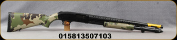 Mossberg - 12Ga/3"/14" - Model 590 - Pump Action Shotgun - Woodland Camo Synthetic Stock w/Corn-Cob Forend & extra pistol grip/Matte Blued Finish, Heat Shield, Cylinder Bore, 8+1 Round Capacity, Bead Front Sight, Mfg# 50710