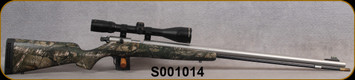 Consign - Knight - 50Cal - Bighorn - Black Powder Rifle - Reltree Xtra Camo Synthetic Stock/Matte Stainless, 27"Barrel, Accessory kit w/rear sight included, full plastic jackets, Bushnell Elite 3200, 4-12x40, Baliistic style reticle (pictured)