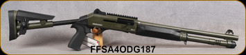 Federation Firearms - 12Ga/3"/18.6" - SA-4 - Dual-Piston Gas System Semi-Auto Shotgun - Black Synthetic Adjustable Stock/OD Green Cerakote, Adjustable Ghost Ring Sights w/Picatinny receiver rail, Mfg# FF-SA4-ODG-187