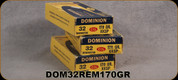 Used - Dominion - CIL - 32Remington set - Centre Fire Cartridges - 170gr. KKSP - 60 rounds 3 boxes, 20 rounds per box - New, in original manufacturer box