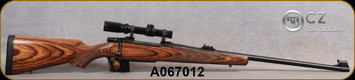 Used - CZ - 416Rigby - Model 550 American Safari Magnum - Bolt Action Rifle - Brown Laminate Stock/Blued Finish, 25" Barrel, 4 Round Hinged Floorplate, Express Sights, c/w RCBS Dies, Burris Fullfield 1-4X, plex reticle