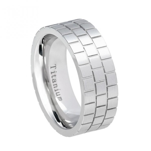8mm - White Titanium Ring Pipe-Cut Brick Pattern Design - ForeverGifts.com