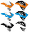 Various color ways of the KTM VK Series shroud graphics.