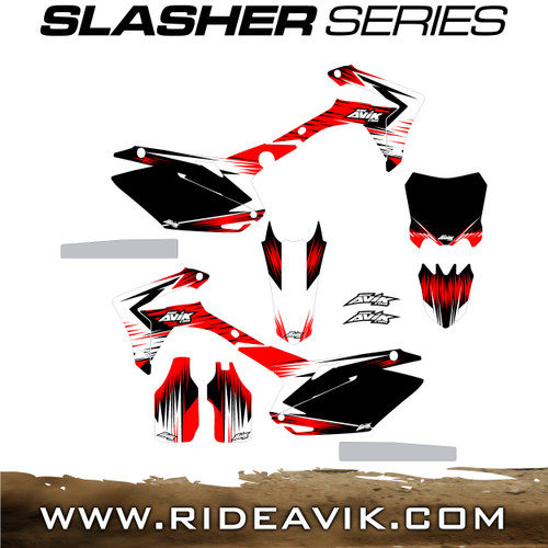 Avik custom slasher series dirt bike graphic kit, available non custom with custom backgrounds