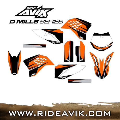 KTM D Mills Series graphic kit with custom backgrounds