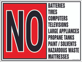 9 x 12" No Batteries, Tires, Computers, Hazardous, Mattresses, Wastes decal