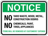 5 x 7" Notice No Yard Waste, Wood, Metal, Construction Debris No Chemicals, Paint, Tires, Appliances Sticker Decal