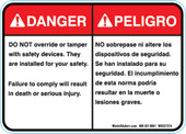  5 x 7"  Bilingual Danger Do Not Override Or Tamper With Safety Devices Decal