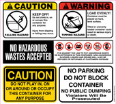 12.5 X 14" Caution, Warning, No Parking, No Hazardous Wastes Accepted, Do Not Block Container Decal