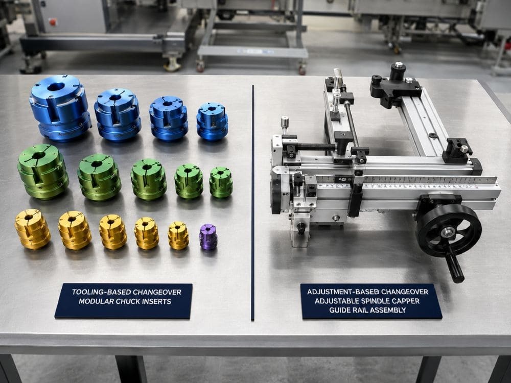 Capping machine tooling changeover spindle chuck