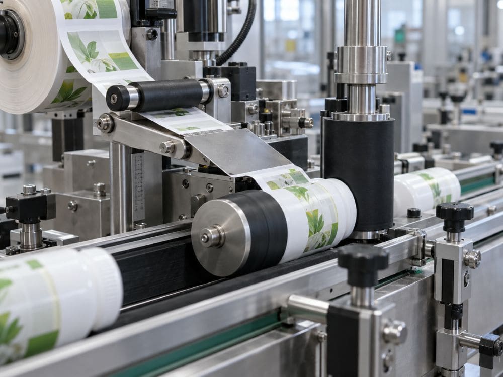 pressure sensitive wrap around bottle labeler