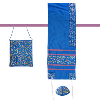 Yair emanuel Embroidered Raw Silk Women Tallit – Tallisack - Flowers Blue 16" X 70"  TAB-1B