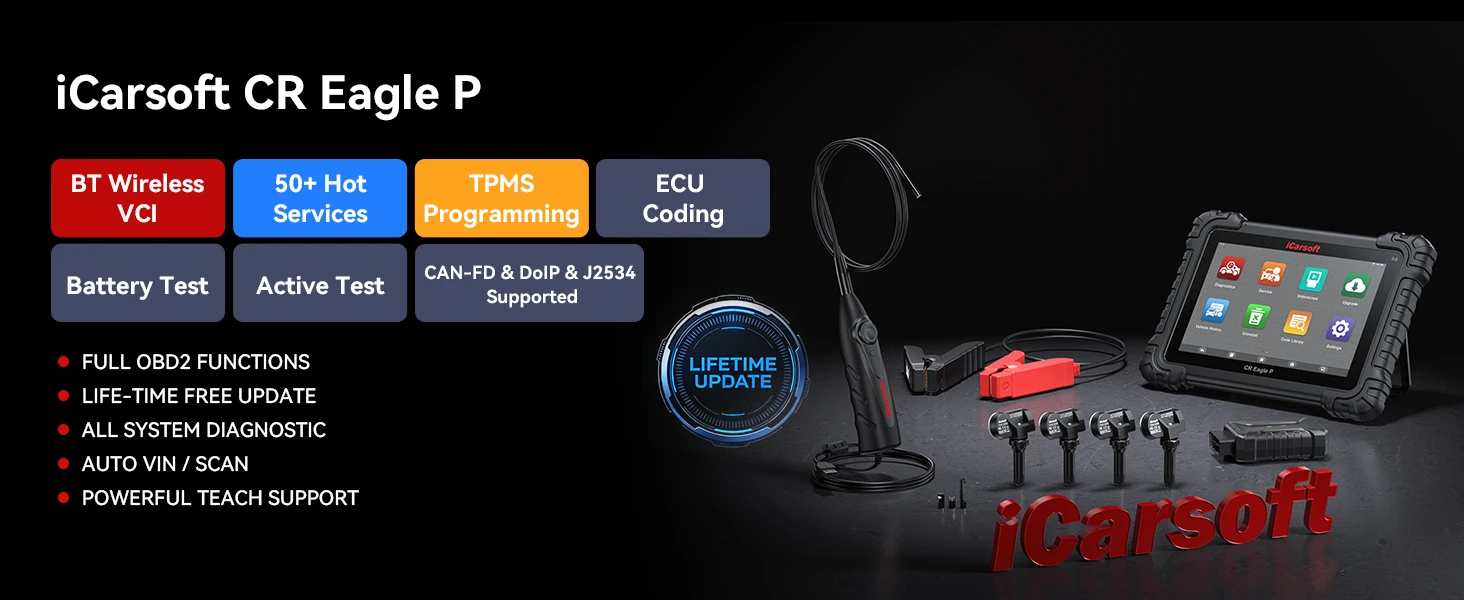 iCarsoft CR Eagle P feature overview with wireless VCI, TPMS, active tests and lifetime updates