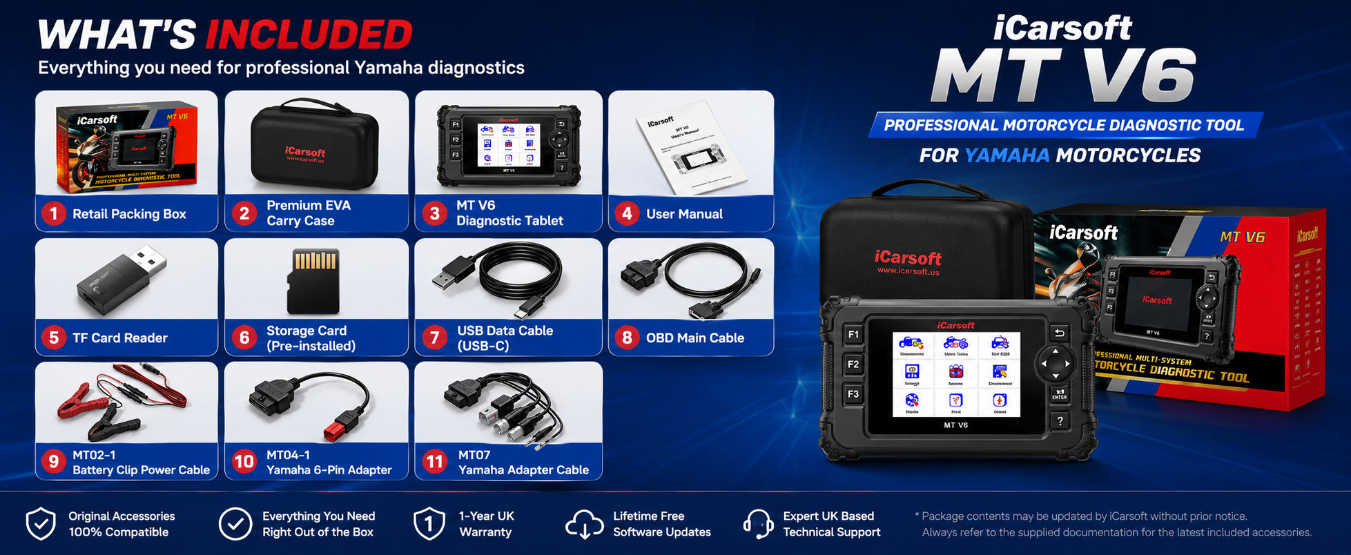 iCarsoft MT V6 Yamaha package contents and motorcycle adapter cables