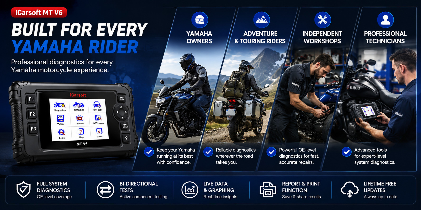 Who the iCarsoft MT V6 Yamaha diagnostic tool is designed for