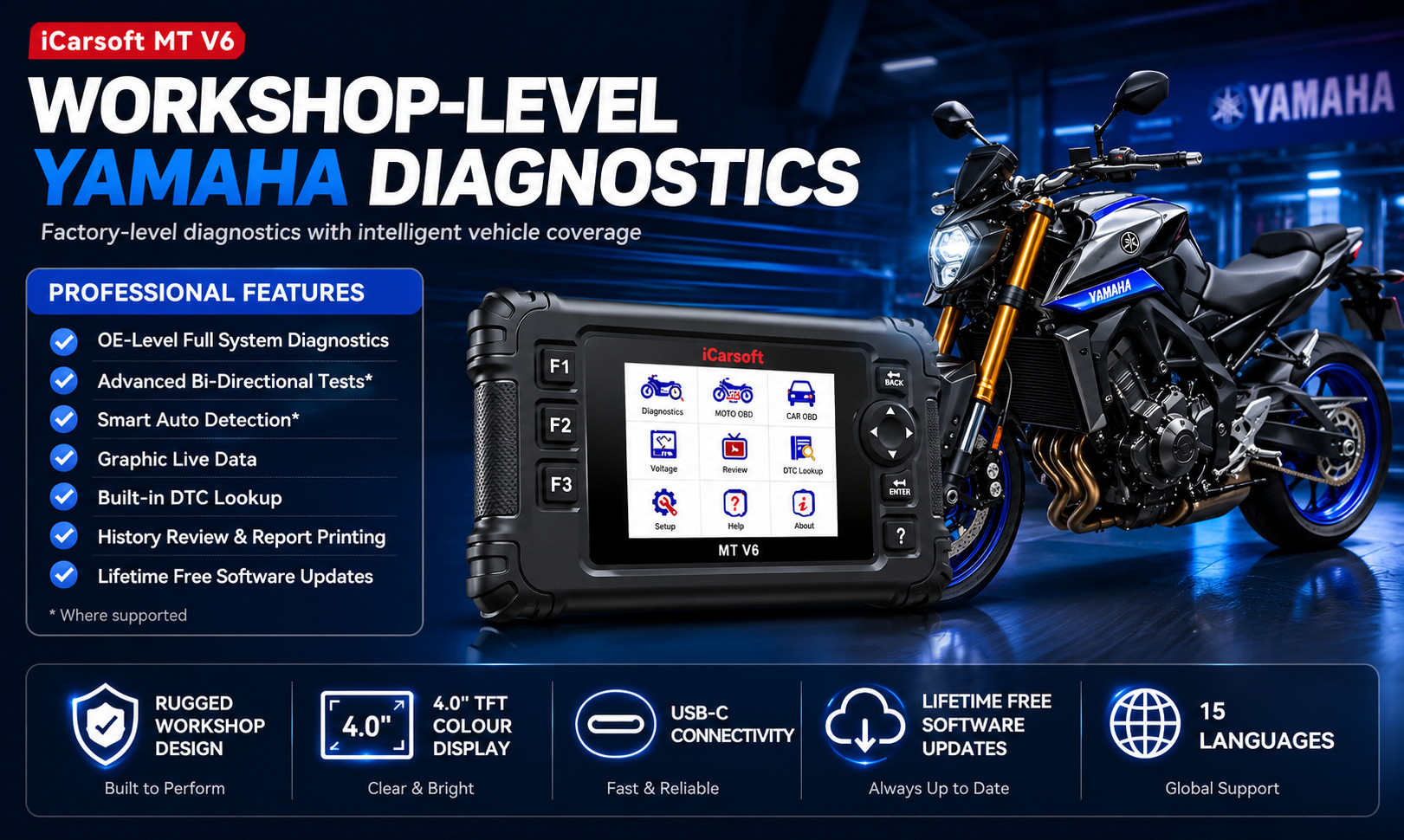 Workshop-level iCarsoft MT V6 Yamaha diagnostics and professional features