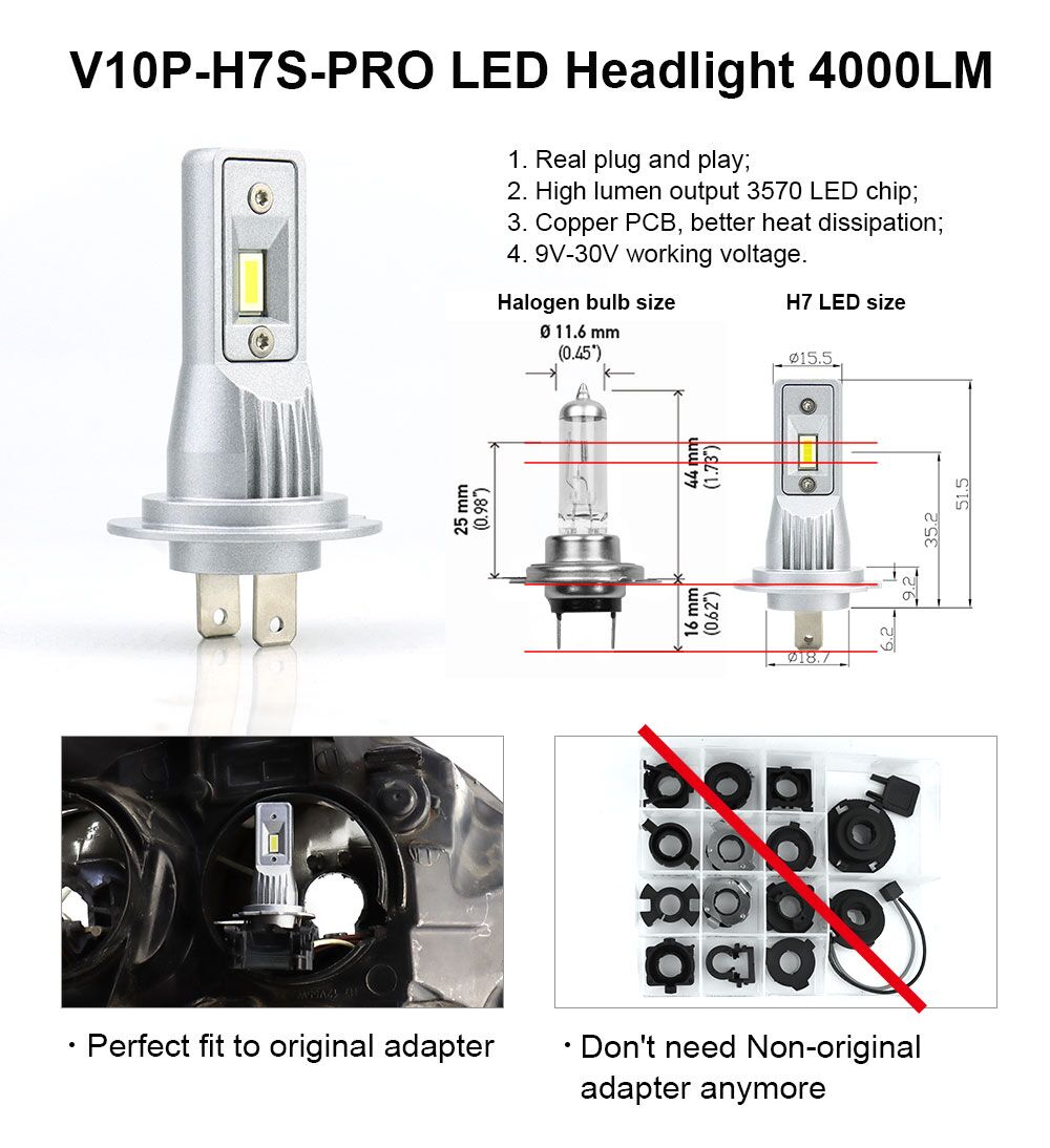 H7 LED 4000Lm CSP (9-32V) Headlight/Front Fog Canbus LED bulbs 6500K ...