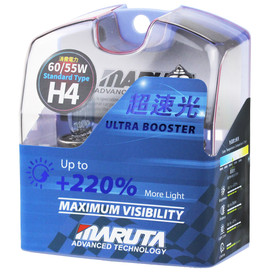  MARUTA® H4 Ultra Booster +220% Headlight Bulbs - 12V 60/55W, Krypton Gas, Road Legal, Twin Pack