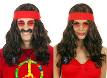 Hippy 60's (Unisex) Wavy Brown Costume Wig with Red Bandanna - Unisex