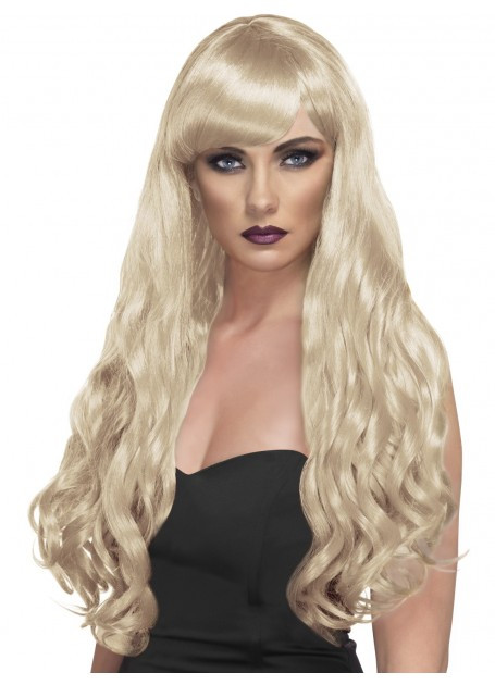 long blonde wavy wig with bangs