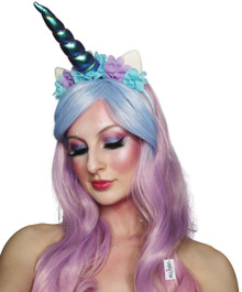 Unicorn Beauty - Pink, Purple, Blue Waves Womens Costume Wig with Horn Headband  - by Allaura