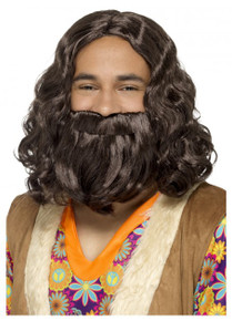 Jesus, Hagrid, Hippie 70's Brown Beard and Wig Costume Set