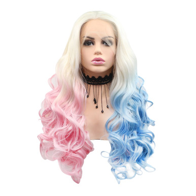 QUINN - Lace front Platinum Blonde with Pink and Blue Curly Wig - by Queenie Wigs