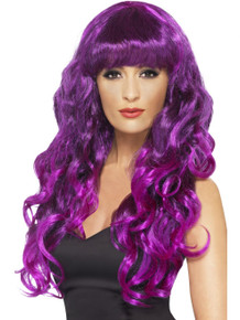 Purple and Black Long Curly Wig with fringe