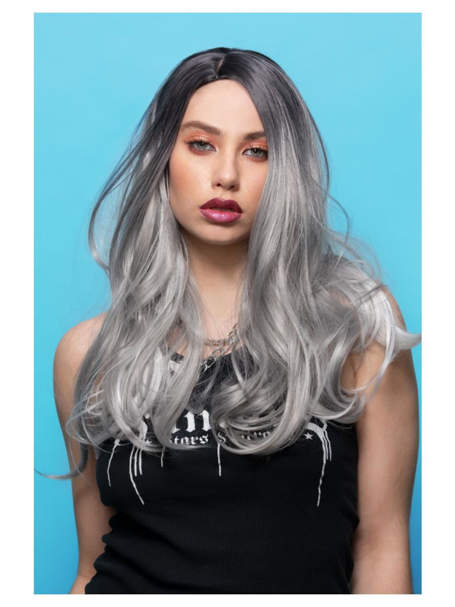 Manic Panic She Wolf Long Ombre Grey Waves with Side Part - The Wig Outlet