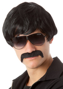 70's Detective Black Mod Costume Wig & Moustache Set