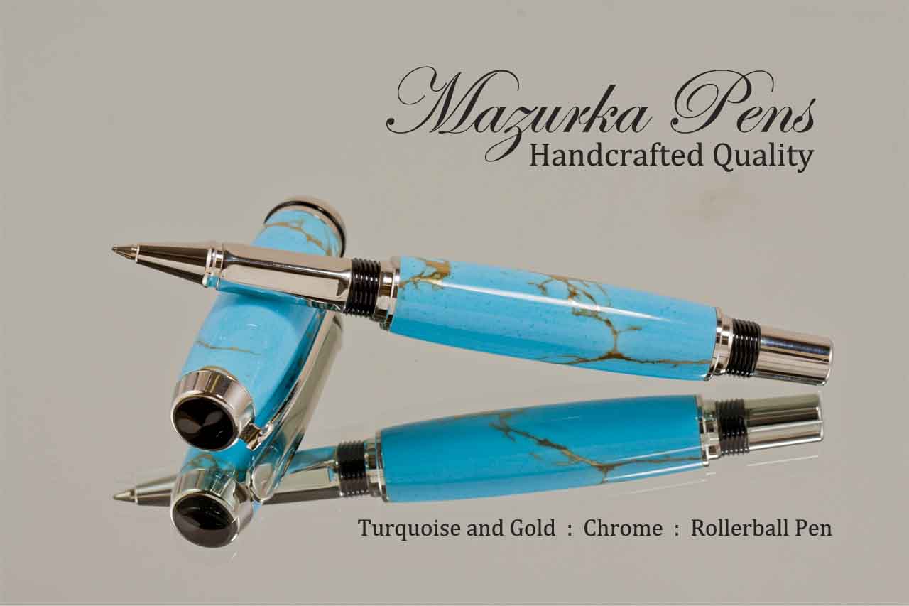 Handcrafted Rollerball Pen from Turquoise with Gold and Chrome