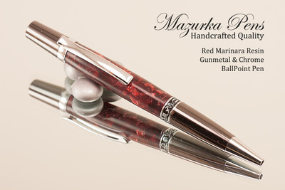Handcrafted Red Marinara Resin Ballpoint Pen with Gunmetal / Chrome finish.  
