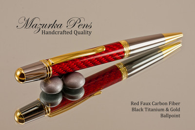 Handmade Ballpoint Pen, Red Carbon Fiber Resin Pen, Black Titanium and Gold color Finish 