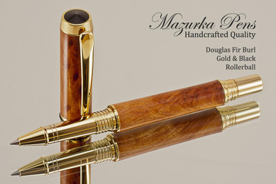 Douglas Fir Burl Rollerball Pen with Gold / Black trim.  Main view of the pen.