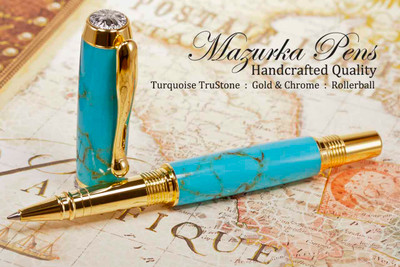 Handmade Rollerball Pen handcrafted from Turquoise TruStone with Gold and Chrome finish.  Cap view of pen.