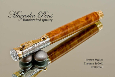 Hand Made Rollerball Pen made from Brown Mallee Burl with Gold and Chrome finish.  Total view of pen and cap.