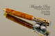 Hand Made Rollerball Pen made from Brown Mallee Burl with Gold and Chrome finish.  Close up view of pen and cap.