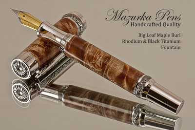 Handcrafted wood pen made from Big Leaf Maple Burl with Rhodium/Black Titanium finish.  Side view of pen and cap.