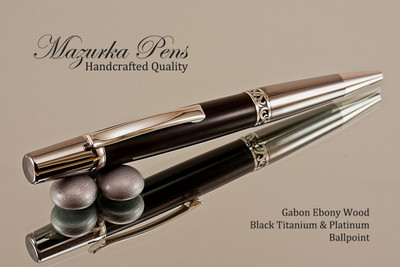 Handmade Ballpoint Pen, Gabon Ebony Ballpoint Pen, Black Titanium and Platinum Finish