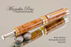 Handcrafted wood pen made from Black Ash Burl with Sterling Silver and Gold finish.  Bottom view of pen and cap.