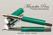 Handmade Fountain Pen handcrafted from Malachite TruStone with Chrome finish.  Cap view of pen.