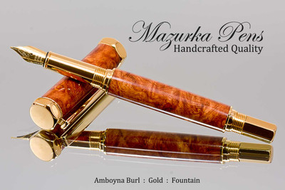 Handmade wood pen made from Amboyna Burl.  Handcrafted pen by our artist.  View of pen cap and tip.