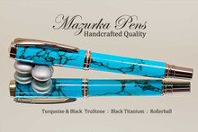Handcrafted rollerball pen made from Turquoise TruStone with  Black Titanium finish.  Main view of pen cap.