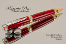 Handmade Ballpoint Pen handcrafted from Red and Black TruStone with Chrome/Gold finish.  Main view of pen.