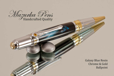 Handmade Art Deco Ballpoint Pen, Blue Galaxy Resin Pen, Chrome and Gold Finish - Looking from top of Ballpoint Pen