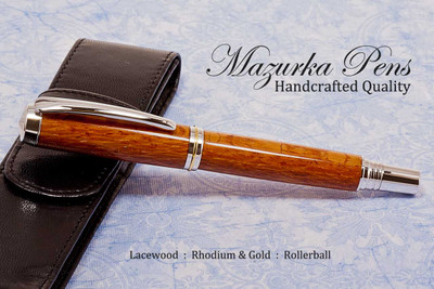 Handmade Rollerball Pen made from Lacewood with Rhodium and Gold trim.  Handcrafted pen by our artist.  Main view of pen cap. (black pouch not included)